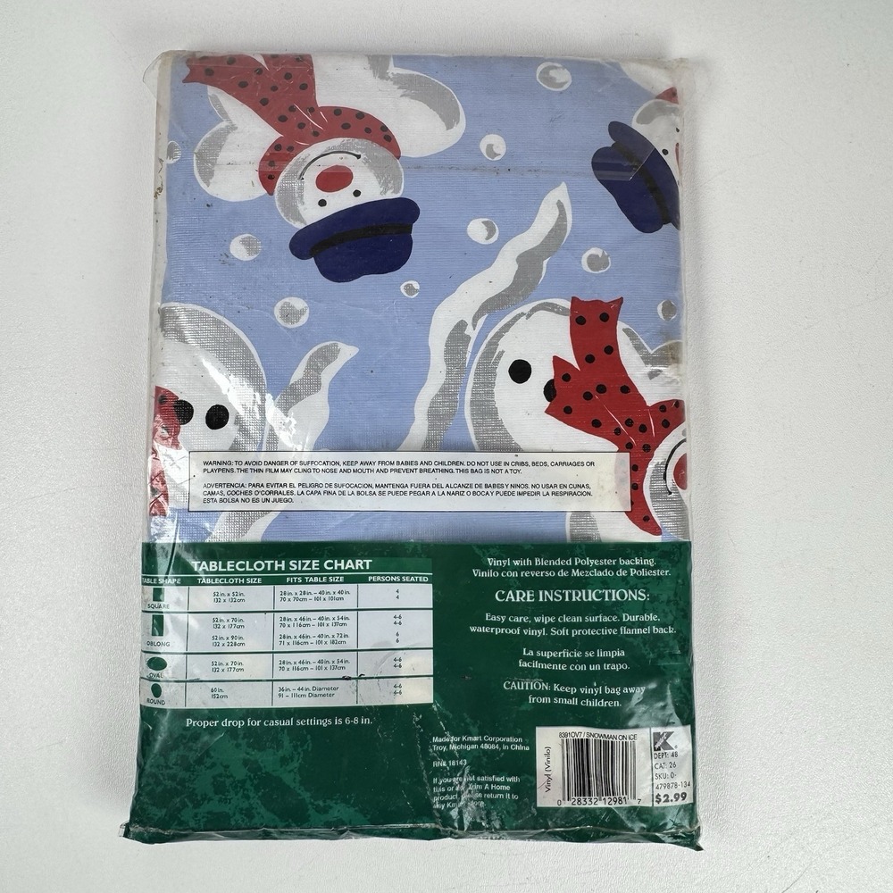 Vtg Trim A Home 70" Round Vinyl Flannel Backed Tablecloth Snowman NOS Christmas - Picture 4 of 6